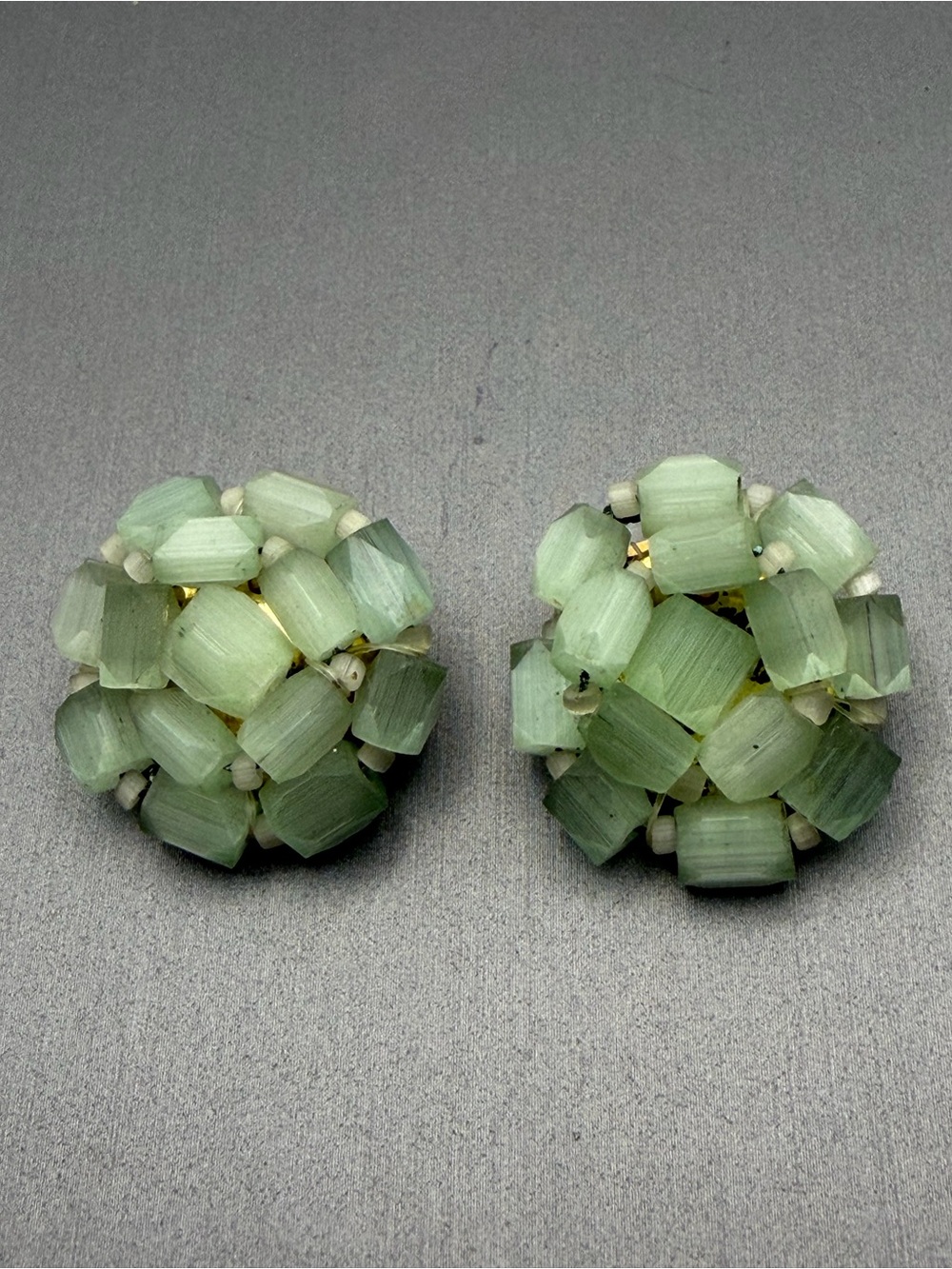 Light Green Beaded Cluster Clip-On Earrings Vintage